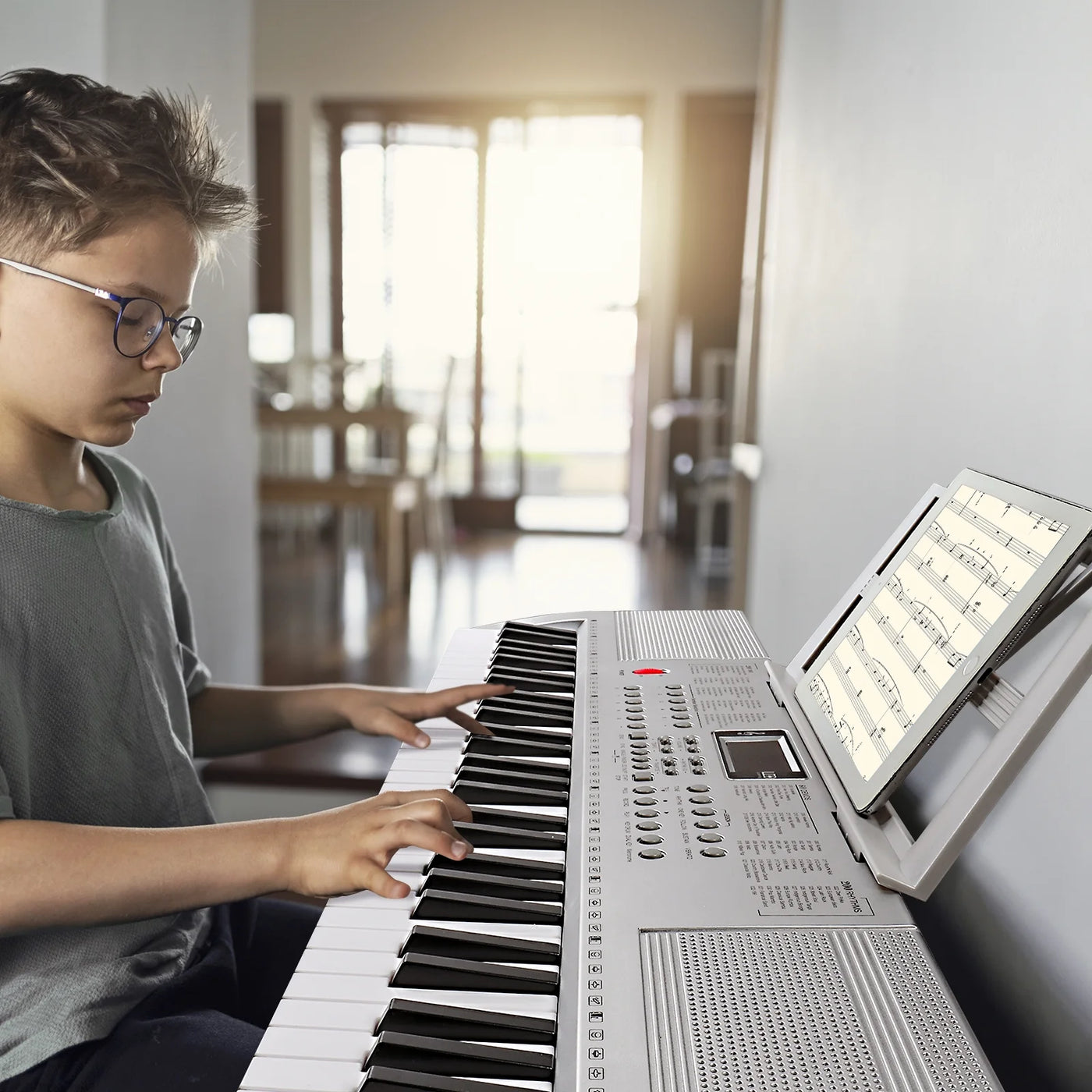 Glarry 61 Keys Keyboard Piano with Stand, Bench, Built in Speakers for Beginners, Sliver