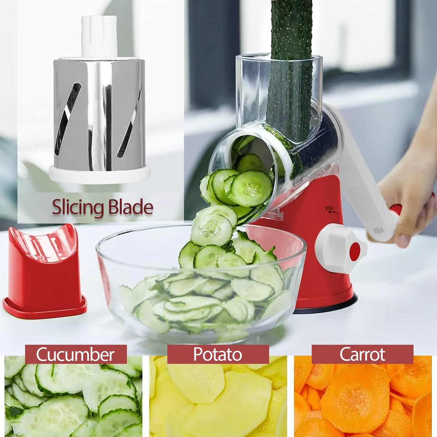 Cheese Grater Rotary, Kitchen Mandoline Vegetable Slicer with 3 Interchangeable Blades, Grater Slicer for Fruit, Vegetables, Nuts,Dishwasher Safe,Red