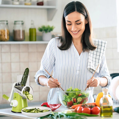 Rotary Cheese Grater, Manual Cheese Grater with Handle, Vegetables Slicer Cheese Shredder with Rubber Suction Base, 3 Stainless Drum Blades Included，Green