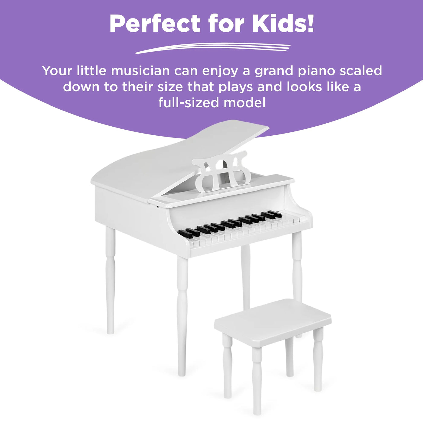 Kids Classic 30-Key Mini Piano W/ Lid, Bench, Folding Music Rack, Song Book, Stickers - White