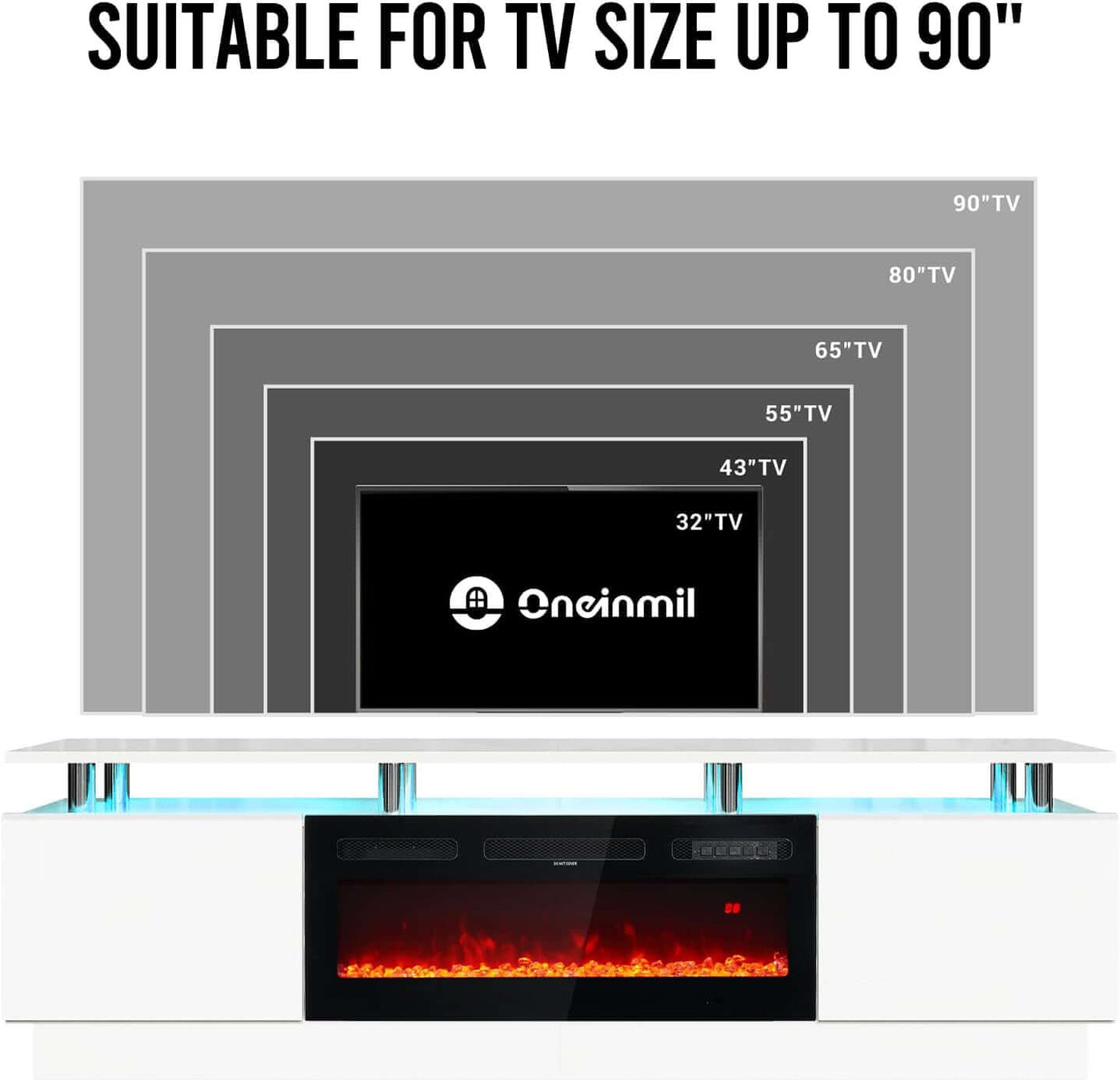 80 Inch White Electric Fireplace TV Stand With LED Lights