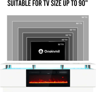 80 Inch White Electric Fireplace TV Stand With LED Lights