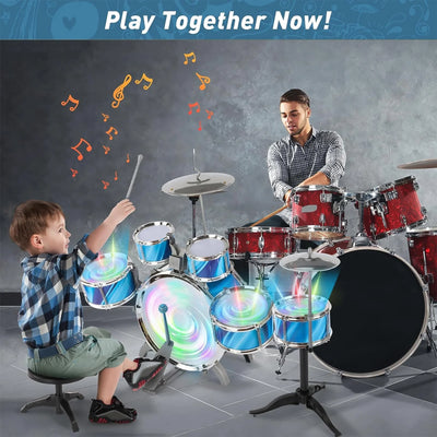 Kids Drum Set, 15 Pieces Drum Set for for Toddlers 1-3, Musical Instrument Toys with 6 Drums, W/ 4 Lights and 2 Cymbals, Drum Kit Boys Girls Birthday Gift for Beginner Music Practice