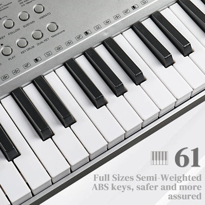 Glarry 61 Keys Keyboard Piano with Stand, Bench, Built in Speakers for Beginners, Sliver