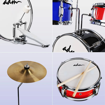 3-Piece Junior Drum Set for Kids Beginners, Kids Drum Kit with Full Set of Silent Mats, Adjustable Throne, Cymbal, Pedal & Drumsticks - Red, Blue, Black