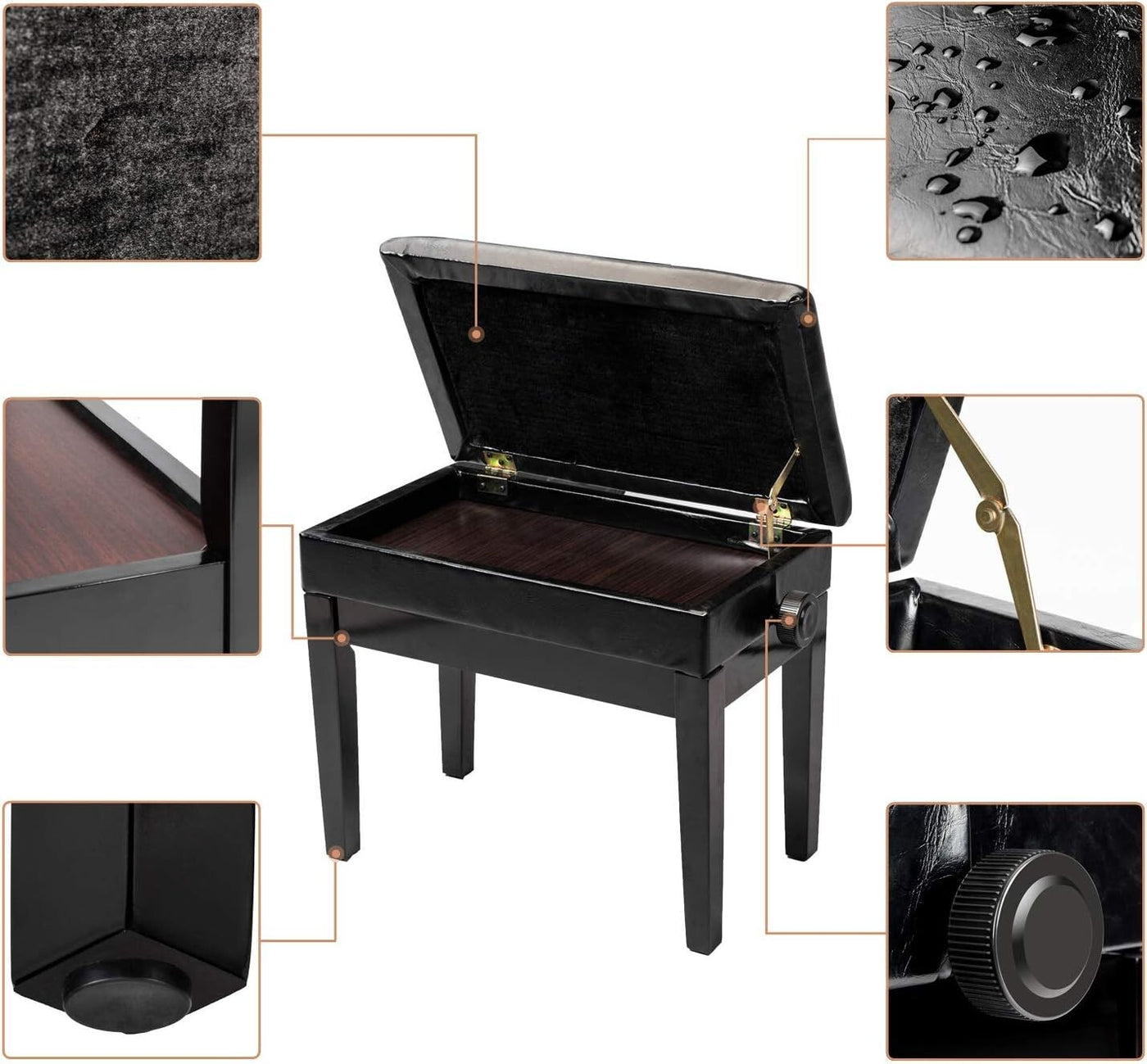 Adjustable Black Piano Bench with Storage Faux Leather Wooden Piano Stool with P
