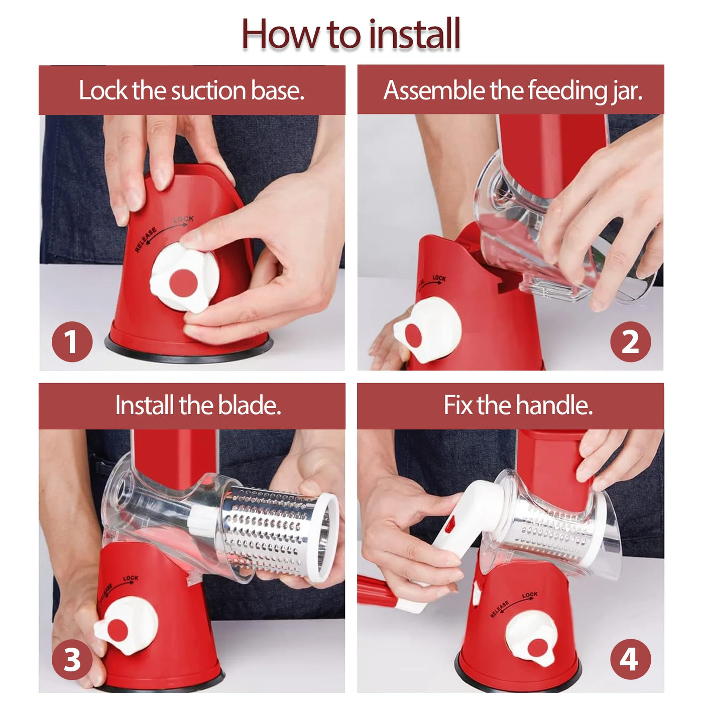 Cheese Grater Rotary, Kitchen Mandoline Vegetable Slicer with 3 Interchangeable Blades, Grater Slicer for Fruit, Vegetables, Nuts,Dishwasher Safe,Red