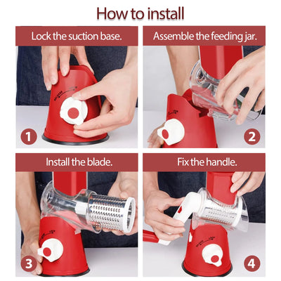 Cheese Grater Rotary, Kitchen Mandoline Vegetable Slicer with 3 Interchangeable Blades, Grater Slicer for Fruit, Vegetables, Nuts,Dishwasher Safe,Red