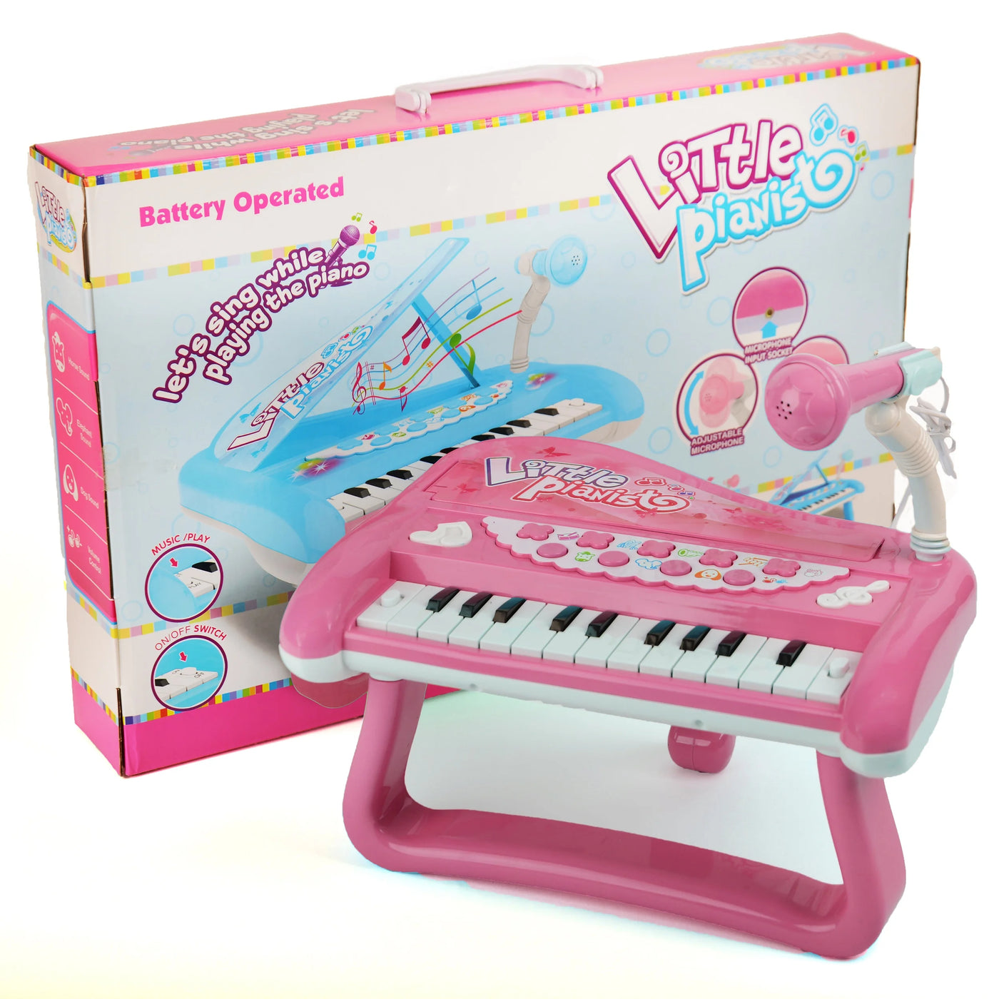 Musical Toy Set Electronic Grand Piano Keyboard with Microphone and Lights for Pretend Play and Educational Development (Pink)