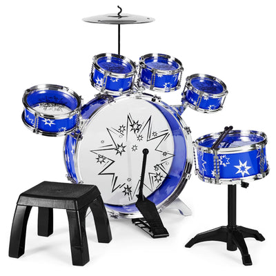 11-Piece Kids Starter Drum Set W/ Bass Drum, Tom Drums, Snare, Cymbal, Stool, Drumsticks - Blue