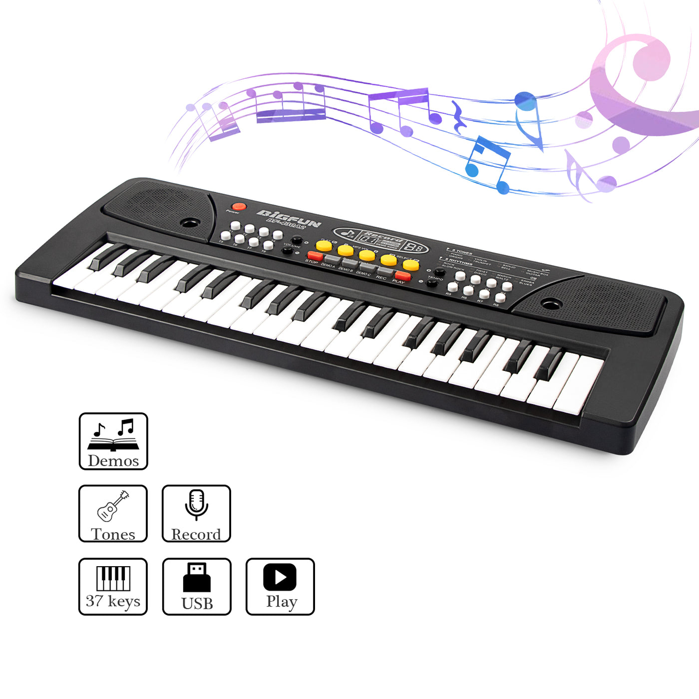 Kids Keyboard Piano 37 Keys Early Learning Educational Musical Keyboard Toy Portable Electronic Music Piano Keyboard for Beginners Boys Girls (Black)