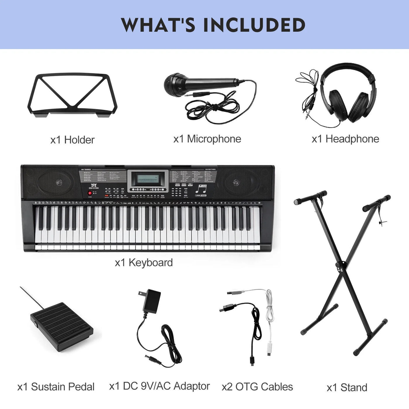 61 Lighted Keys Electronic Keyboard Piano Set with USB MIDI, Headphones, Microphone, Sustain Pedal, Stand for Beginner