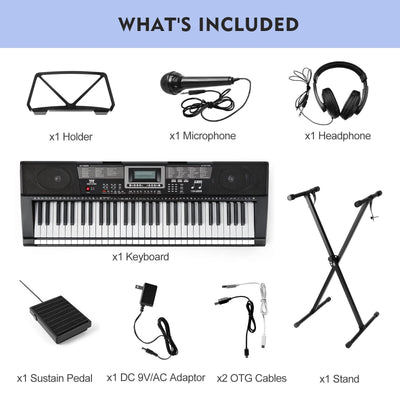 61 Lighted Keys Electronic Keyboard Piano Set with USB MIDI, Headphones, Microphone, Sustain Pedal, Stand for Beginner