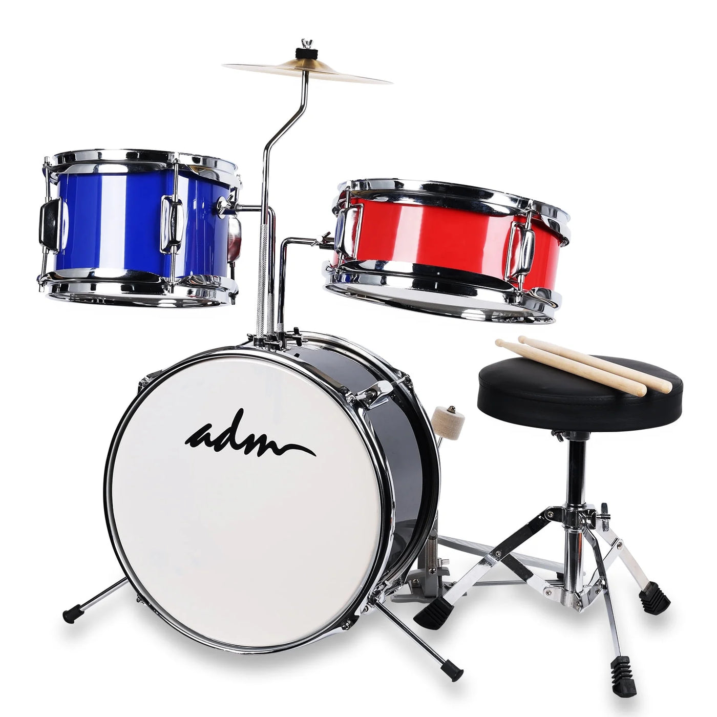 3-Piece Junior Drum Set for Kids Beginners, Kids Drum Kit with Full Set of Silent Mats, Adjustable Throne, Cymbal, Pedal & Drumsticks - Red, Blue, Black