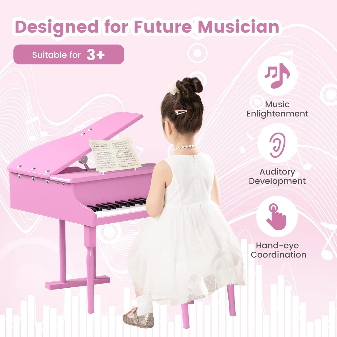 30-Key Classical Kids Piano, Mini Grand Piano Wooden Learn-To-Play Musical Instrument Toy with Bench, Piano Lid, Music Rack, Gift for Boys Girls Aged 2+ Baby Toddler (3 Straight Leg-Pink)