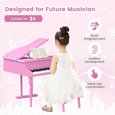 30-Key Classical Kids Piano, Mini Grand Piano Wooden Learn-To-Play Musical Instrument Toy with Bench, Piano Lid, Music Rack, Gift for Boys Girls Aged 2+ Baby Toddler (3 Straight Leg-Pink)