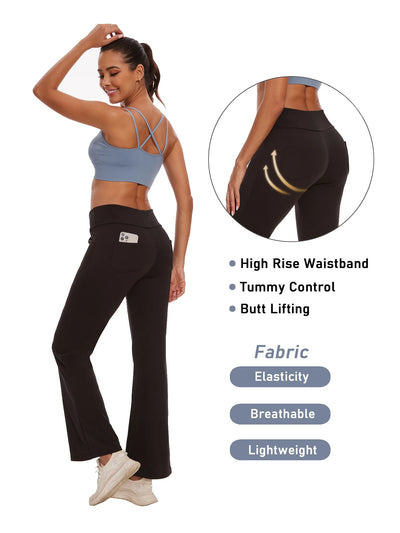 Womens Bootcut Yoga Pants with Pockets High Waist Bootleg Trousers Workout Gym Flare Legging Activewear Black M