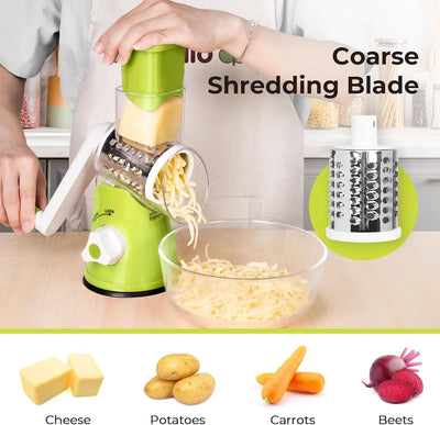 Rotary Cheese Grater, Manual Cheese Grater with Handle, Vegetables Slicer Cheese Shredder with Rubber Suction Base, 3 Stainless Drum Blades Included，Green