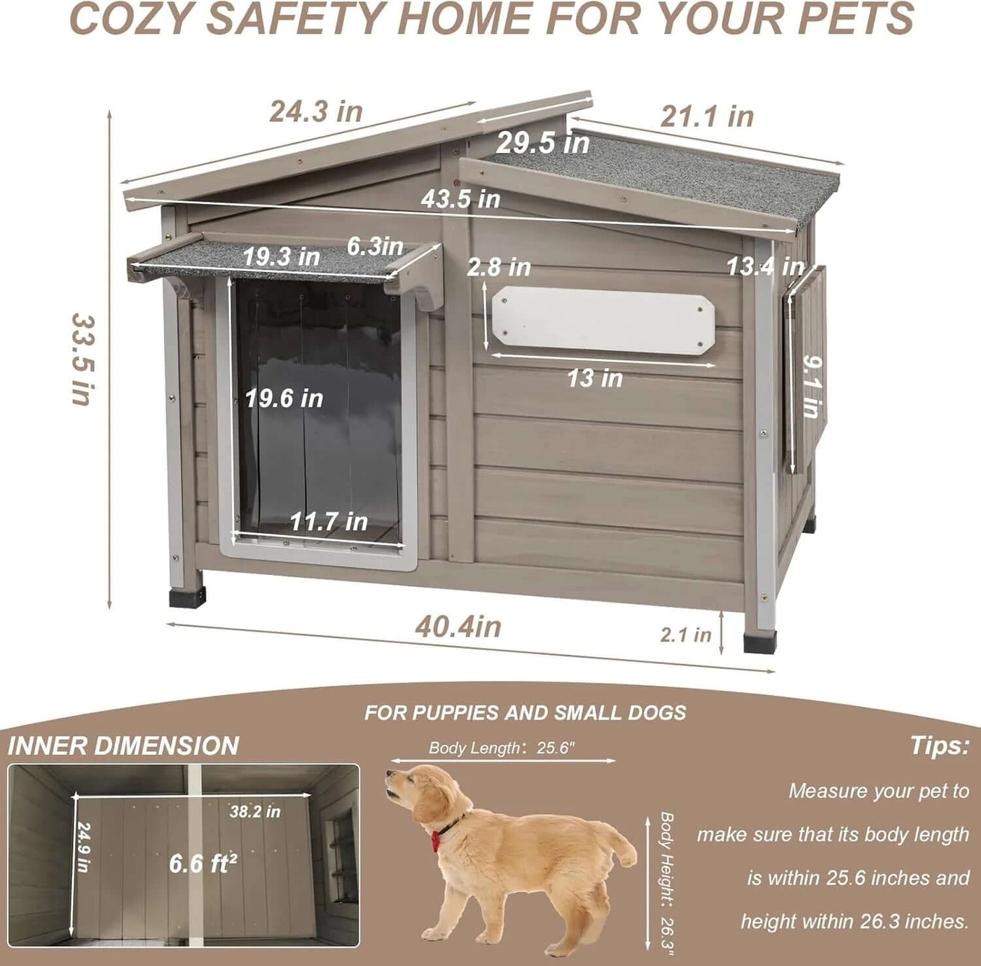Outdoor Dog House with Raised Feet, Wooden Dog Kennel with Vent Window for Indoor, Ideal for Medium to Large Dogs