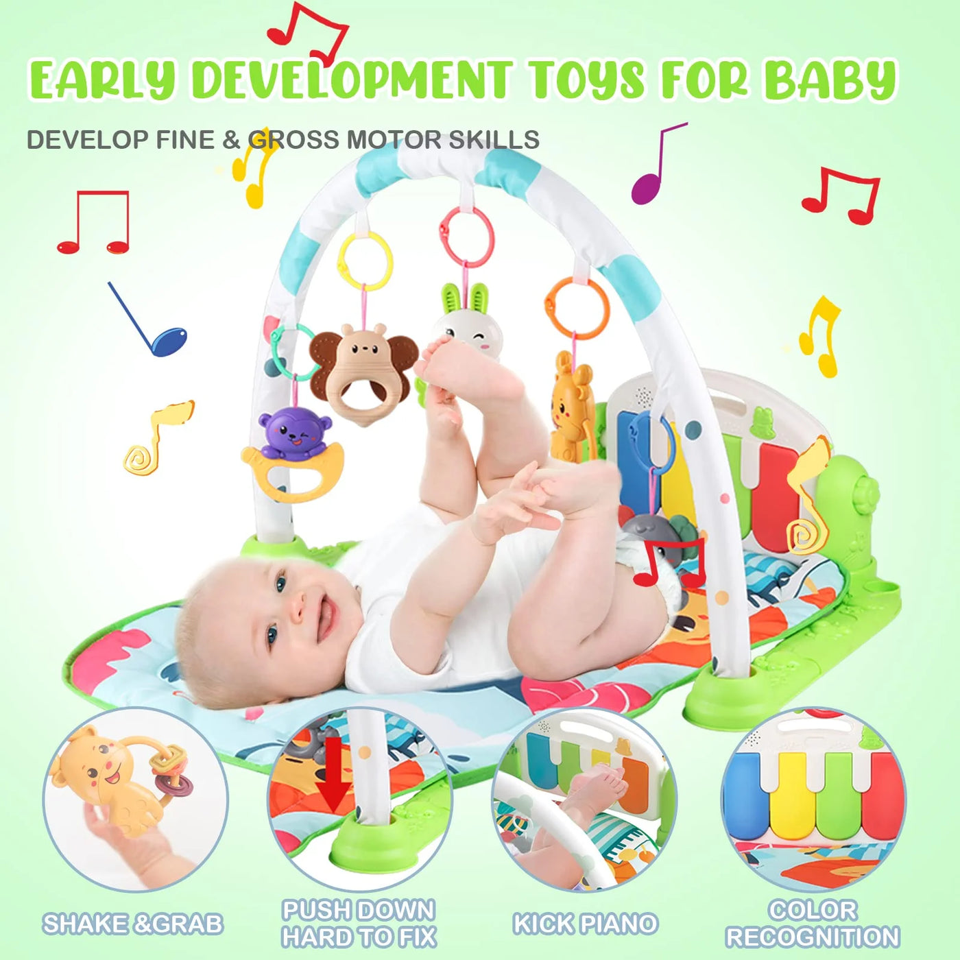 Baby Play Mat, 3 in 1 Baby Activity Play Mat Infant Play Gym Kids Musical Play Crawling Mat, Green