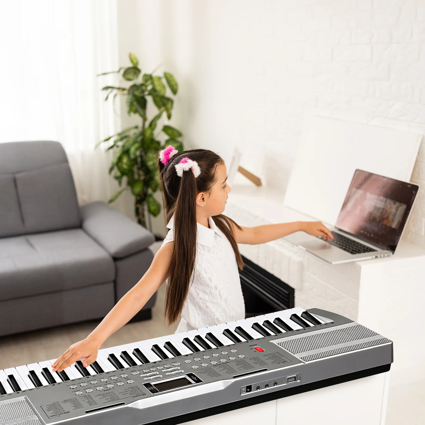 Glarry 61 Keys Keyboard Piano with Stand, Bench, Built in Speakers for Beginners, Sliver