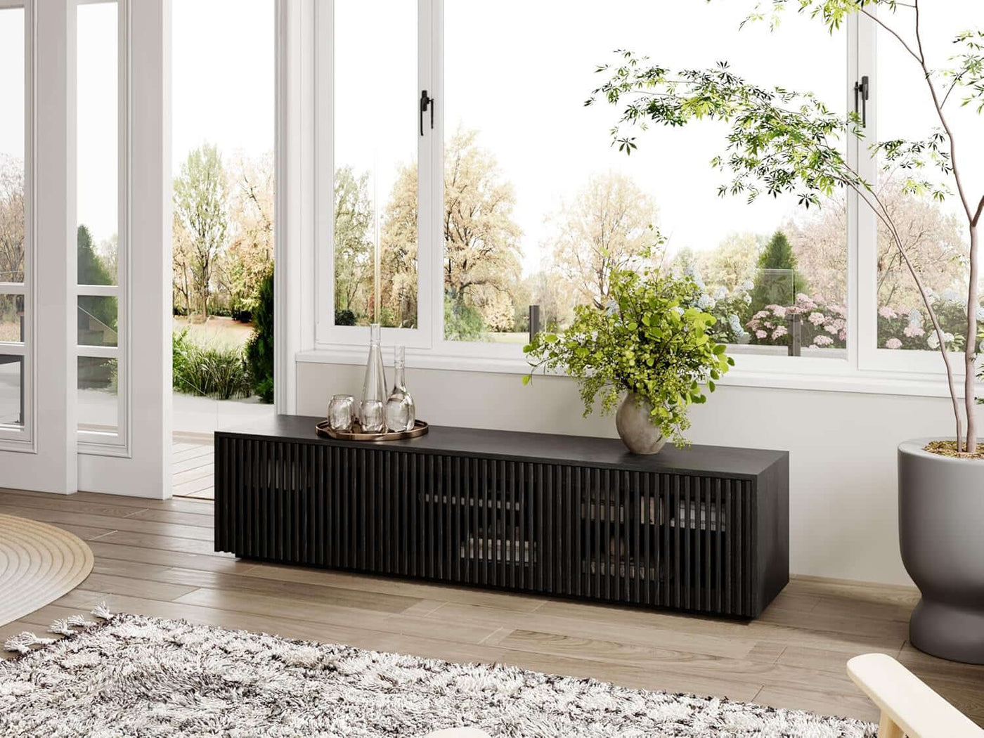 65 Inch Black Solid Wood TV Stand With Oak Veneer Finish