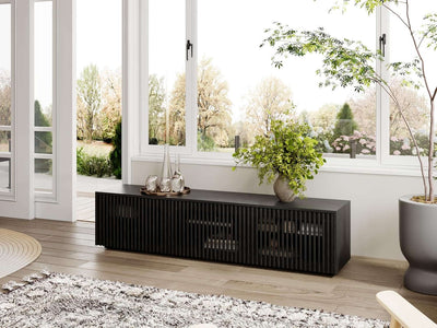 65 Inch Black Solid Wood TV Stand With Oak Veneer Finish