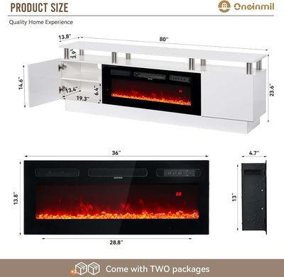 80 Inch White Electric Fireplace TV Stand With LED Lights