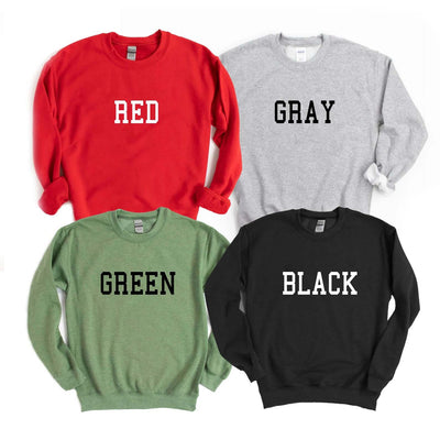 Meowy Christmas Sweatshirt collection featuring red, gray, green, and black colors with bold text.