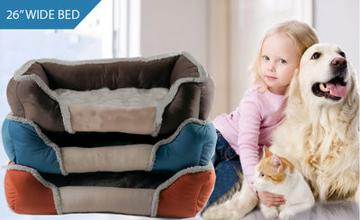 Soft Touch All Seasons 26'' Bed showcasing a cozy design with a child and pets enjoying the comfort and warmth.