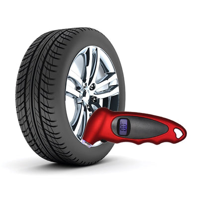 Portable LCD Screen Display Digital Tire Pressure with chrome wheel and digital gauge for accurate readings.