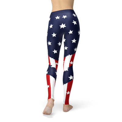 Womens American Flag Leggings featuring stars and stripes design, perfect for patriotic events and stylish everyday wear.