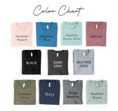 Color chart featuring various t-shirt colors including Heather Peach, Black, Navy, and more.