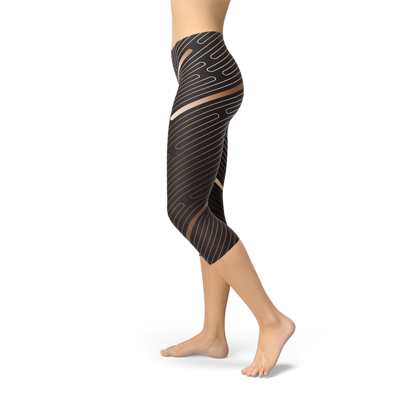 Womens Striped Lines Sports Brown Capri Leggings styled on a model showing unique design and comfort.