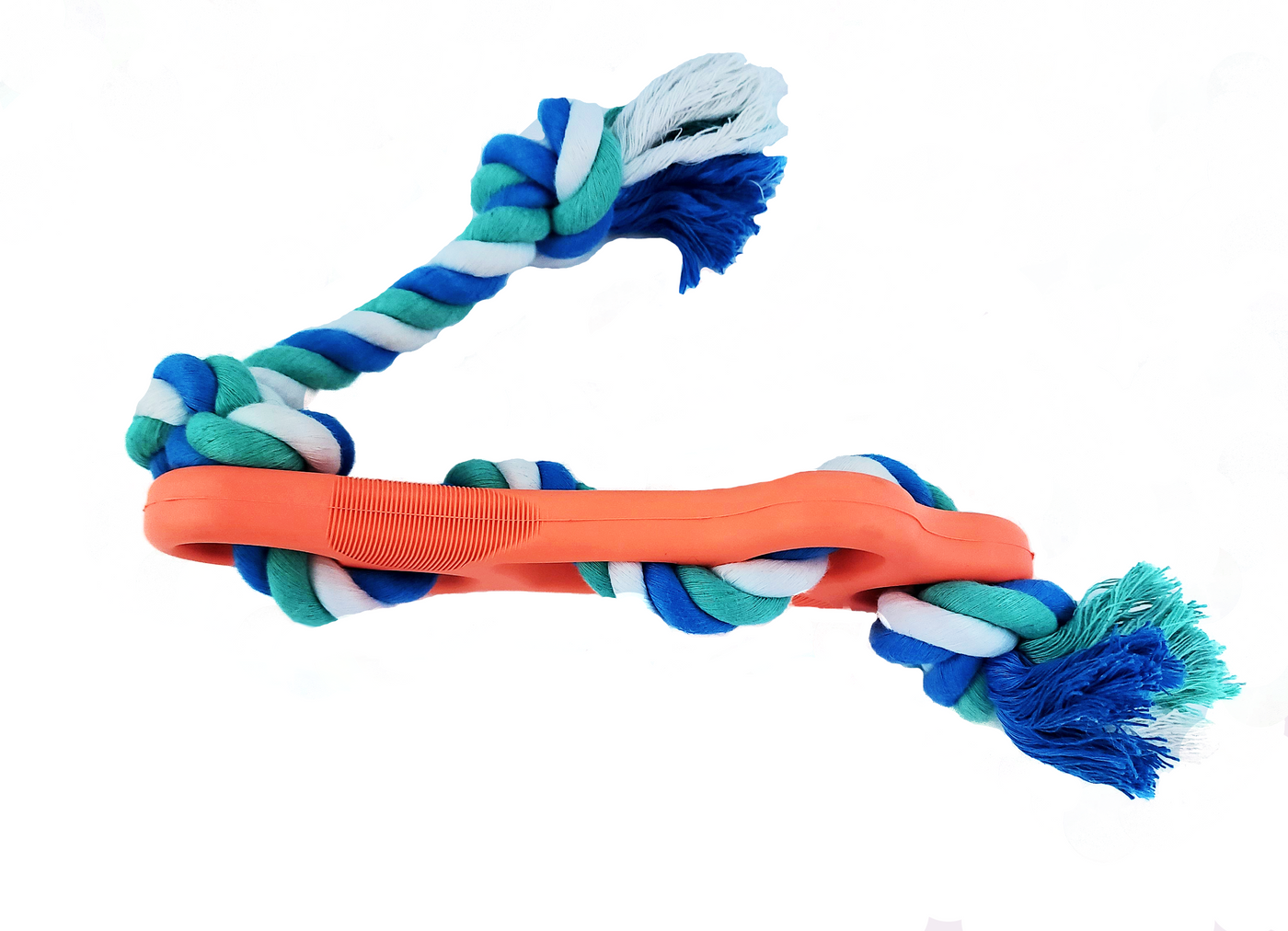 Rubber Bone Dog Chew Toy with Tug Rope -- Great for Active Dogs featuring a durable design with colorful rope.