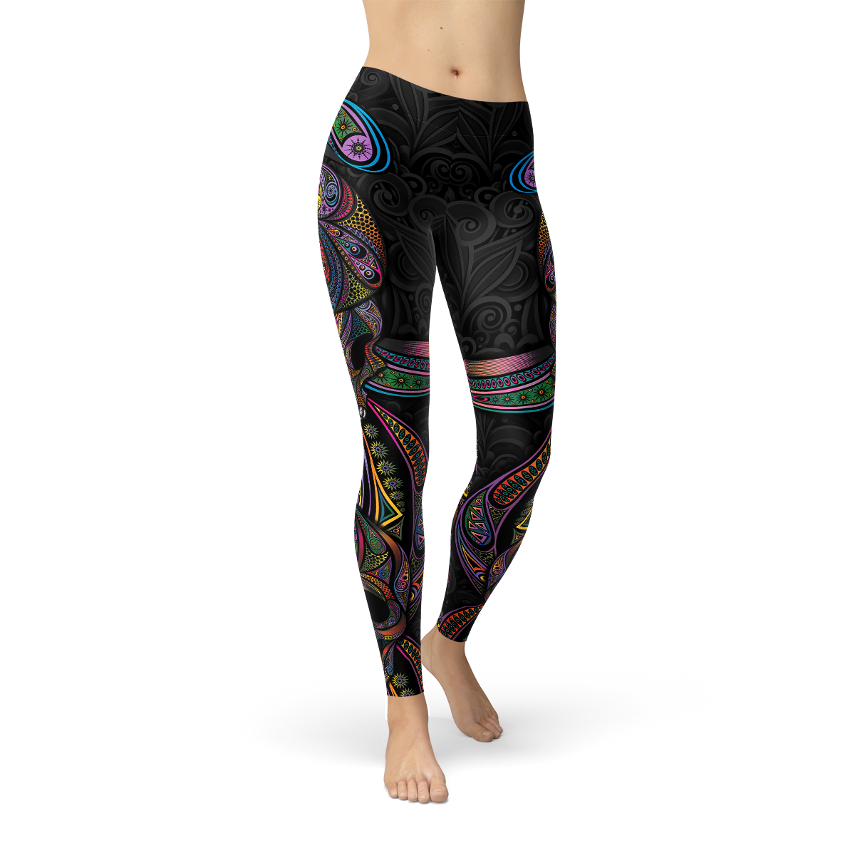 Womens Sugar Skull Leggings featuring vibrant and colorful skull designs on a black background.