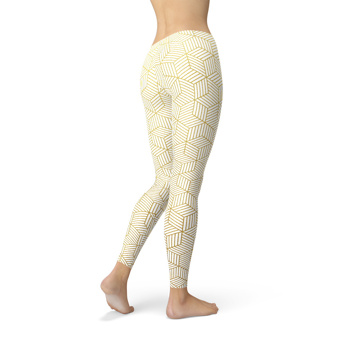Womens White Leggings w/ Geometric Cubes in a detailed geometric pattern, offering comfort and style for active wear.