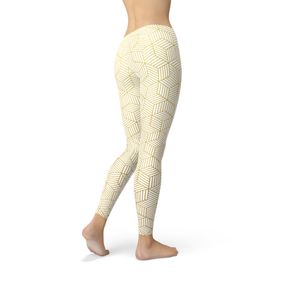 Womens White Leggings w/ Geometric Cubes in a detailed geometric pattern, offering comfort and style for active wear.
