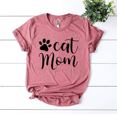 Cat Mom T-shirt in soft red fabric featuring a cute paw print design, showcasing a comfortable retail fit.