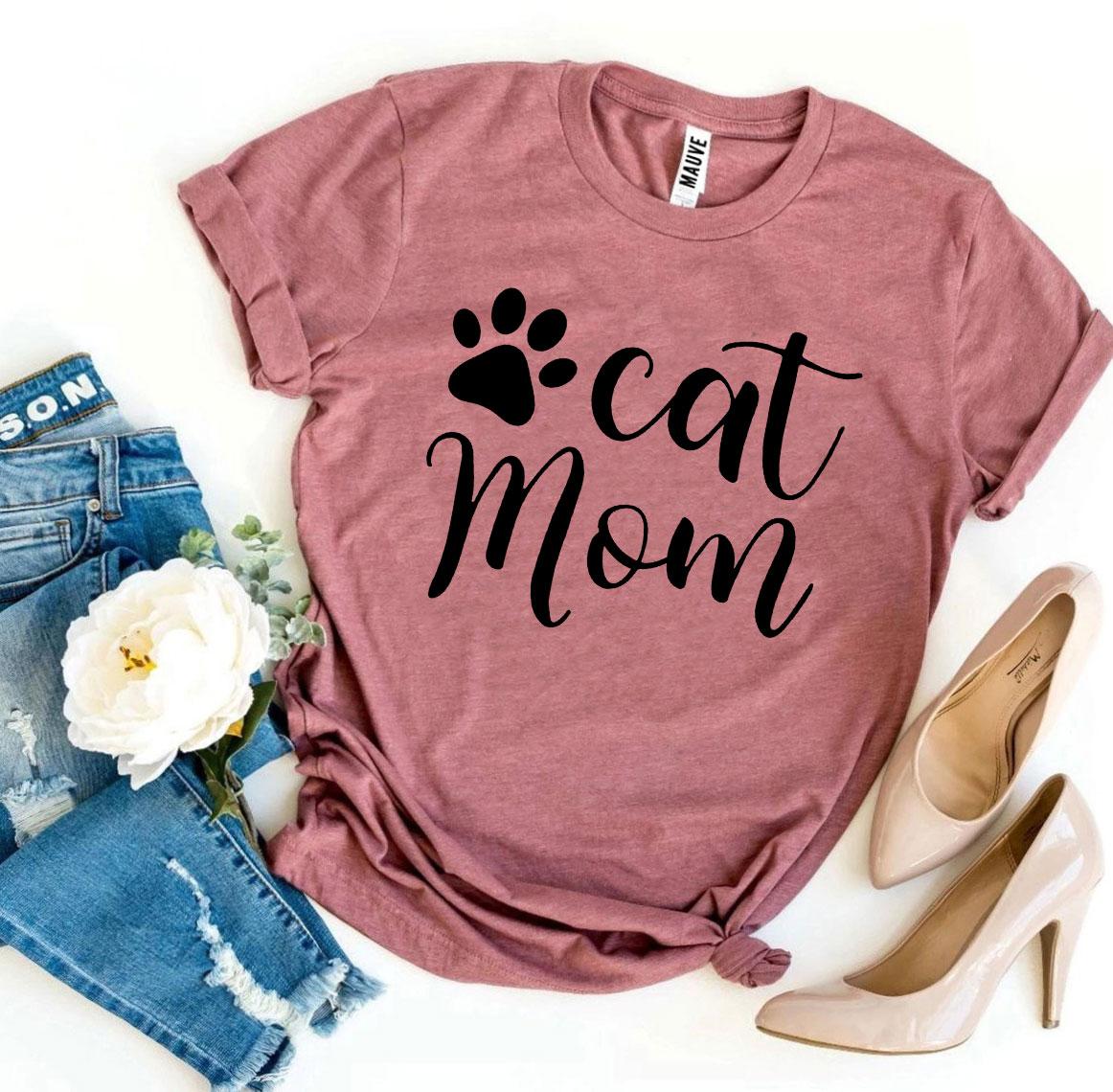 Cat Mom T-shirt in soft rose color with paw print design, perfect for cat lovers and comfortable retail fit.