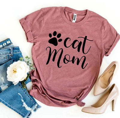Cat Mom T-shirt in soft rose color with paw print design, perfect for cat lovers and comfortable retail fit.