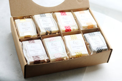 Soap Sampler Gift Set featuring 8 natural soaps in a gift box with ribbon, perfect for Mother's Day.