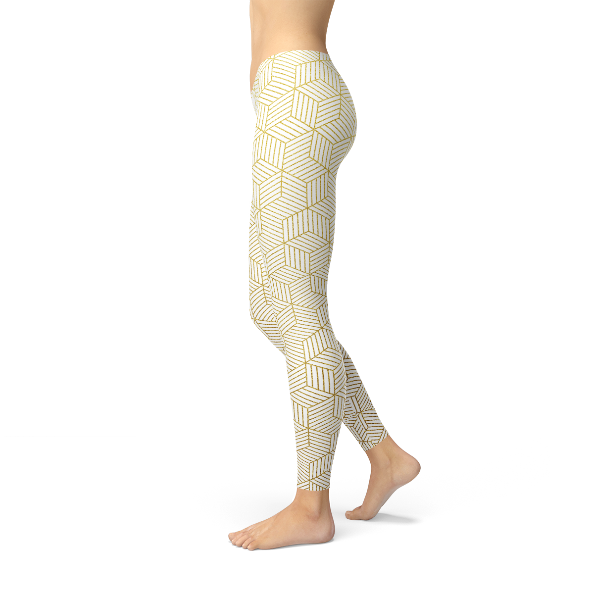 Womens White Leggings w/ Geometric Cubes featuring a detailed cube pattern and designed for performance and comfort.