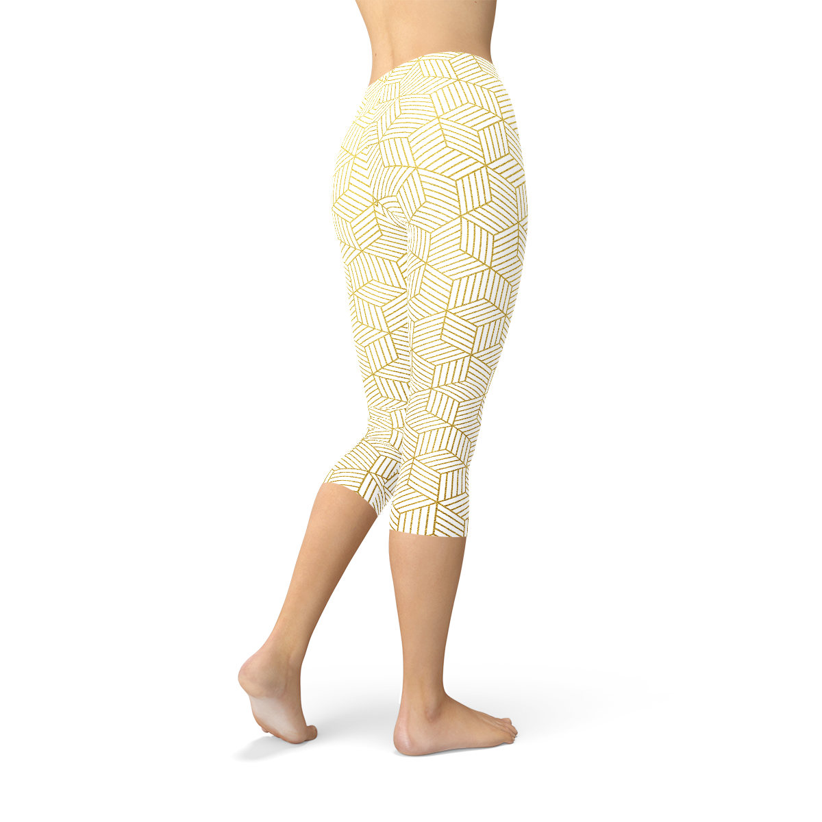 Womens White Capri Leggings w/ Geometric Cubes shown from the side, featuring a unique geometric design for style and comfort.