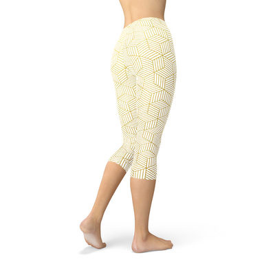 Womens White Capri Leggings w/ Geometric Cubes shown from the side, featuring a unique geometric design for style and comfort.