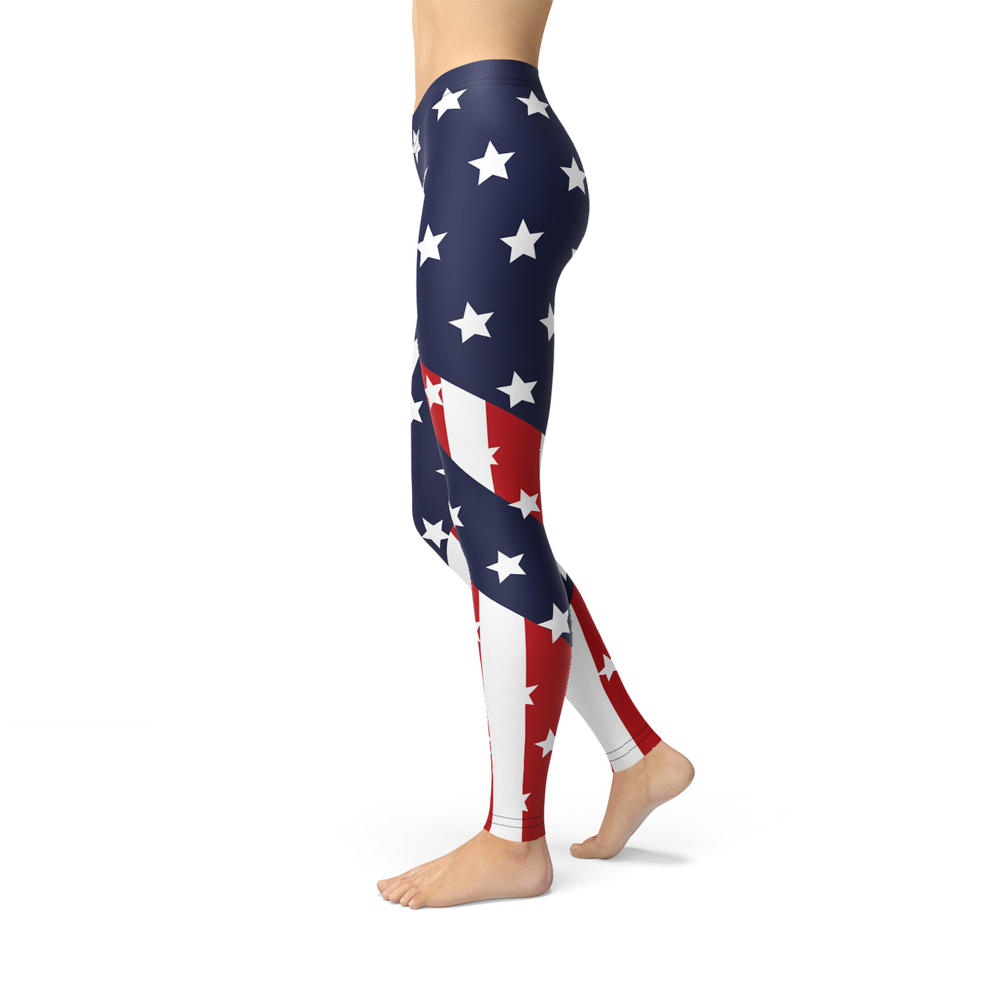 Womens American Flag Leggings showcasing a stylish design with stars and stripes, perfect for patriotic occasions.
