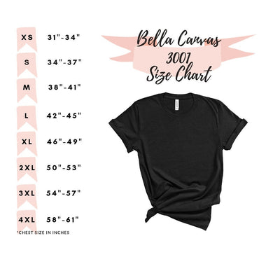 Bella Canvas size chart showing sizes for Be Kind T-shirt, ranging from XS to 4XL with body measurements in inches.