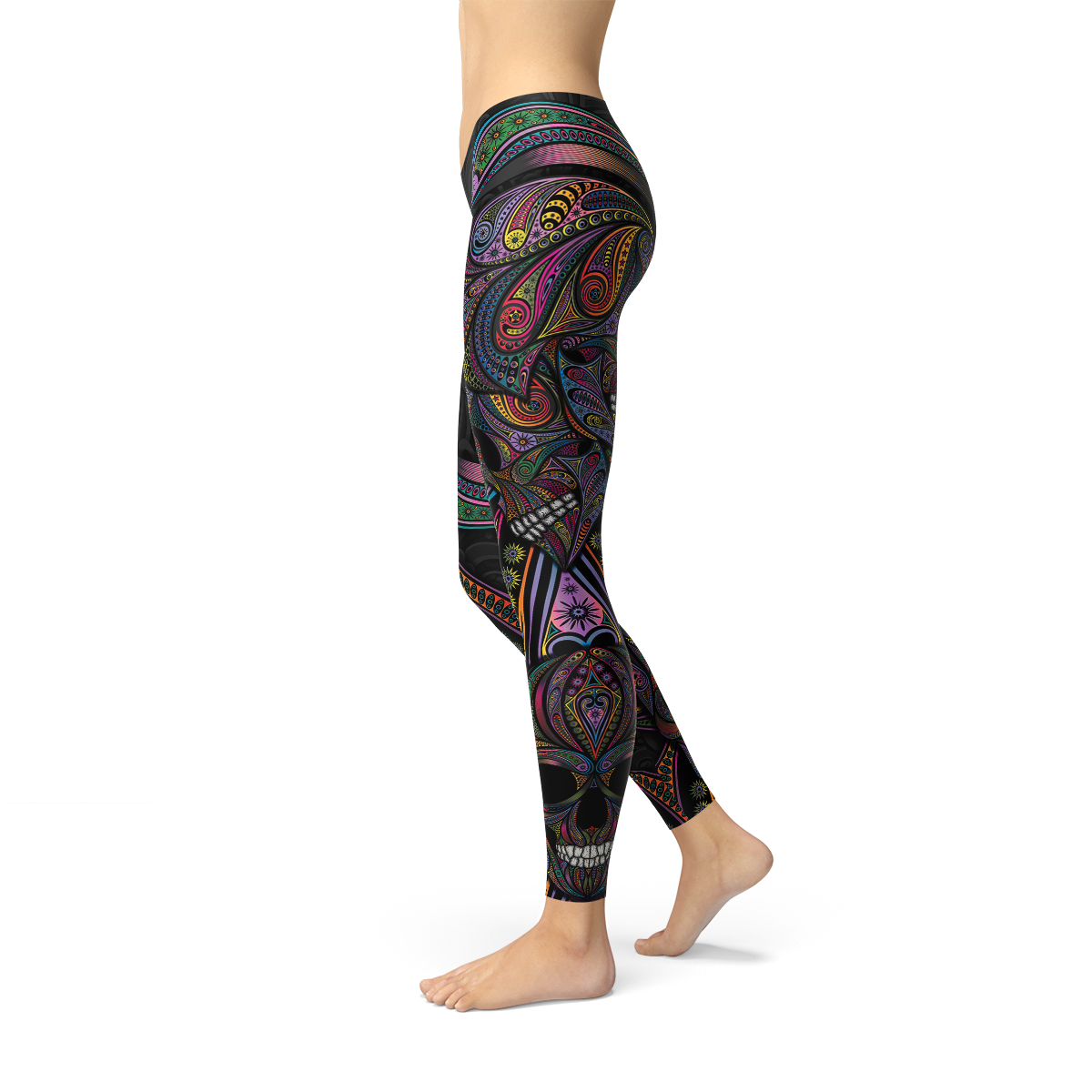 Womens Sugar Skull Leggings featuring colorful skull designs and patterns for a bold fashion statement.
