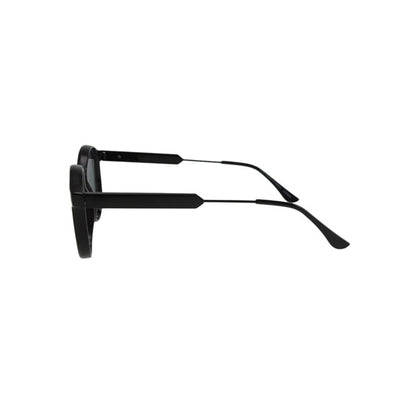 Jase New York Connor Sunglasses in Triple Black showcasing the sleek side profile and retro round frame design.