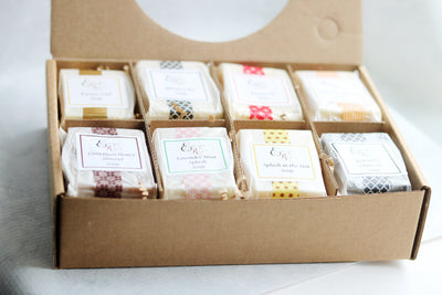 Soap Sampler Gift Set featuring 8 natural sample size soaps in assorted scents, perfect for Mother's Day gifting.